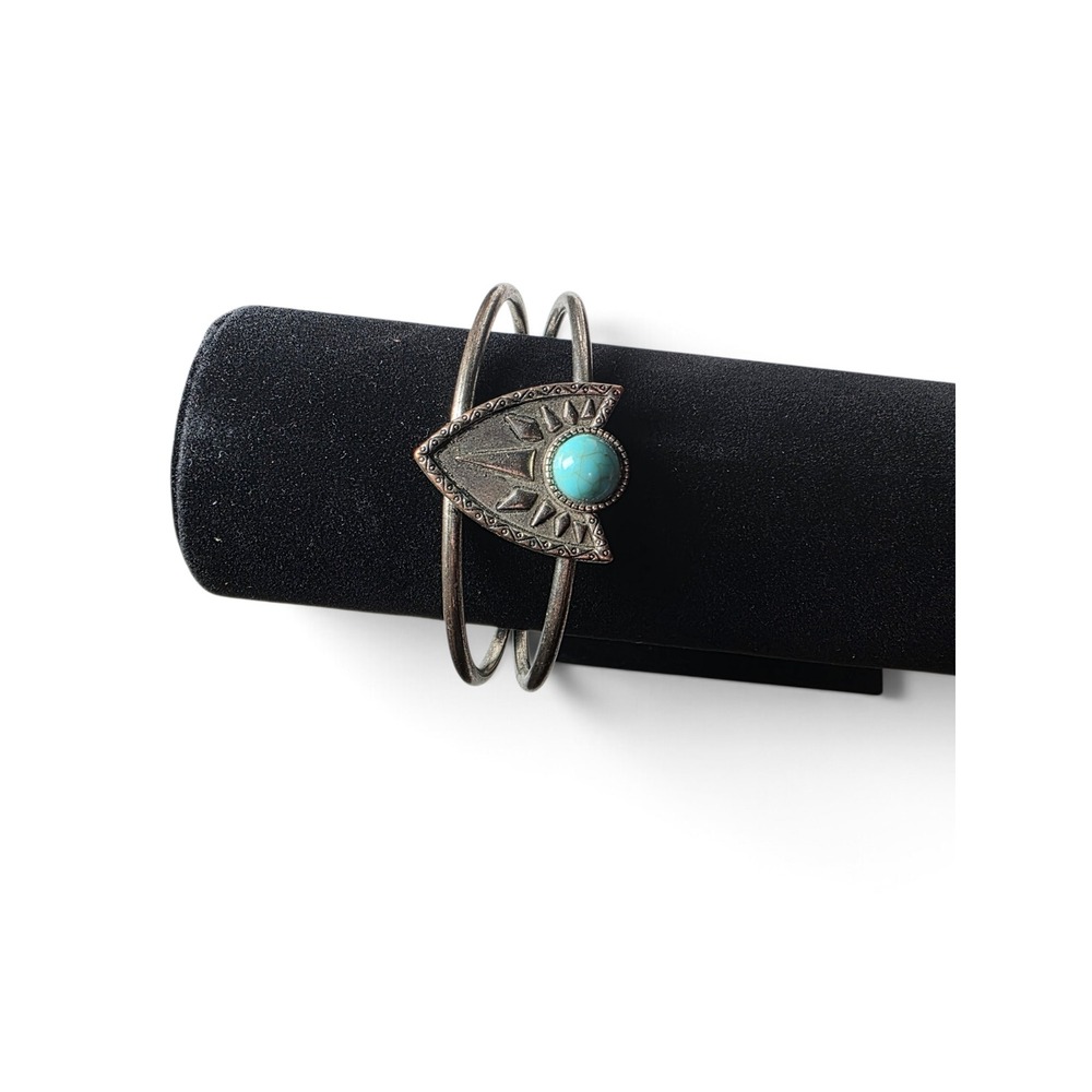 Vintage Boho Southwestern Turquoise Shield Cuff Bracelet Silver Tone Statement - Picture 6 of 6